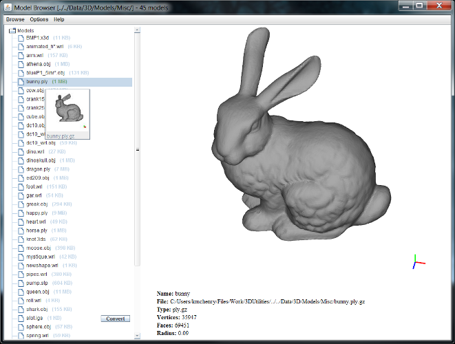 The model browser tool displaying all loadable 3D files found under a given directory. The left pane shows the files found. By hovering the mouse over a particular file a thumbnail is shown of the 3D model under a fixed view. If a file is clicked on it is loaded and rendered in the model viewer within the right pane where it can be manipulated. The bottom pane shows information regarding the loaded model.