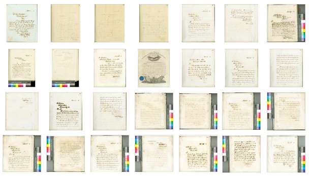 Collection of papers related to Abraham Lincoln with colour bars